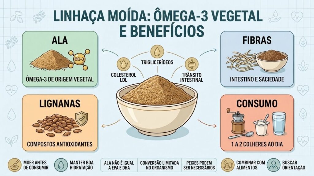 ALA, fibras e lignanas explicam os principais benefícios da linhaça moída.