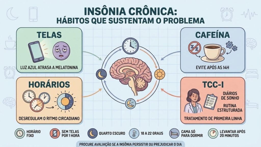 Telas, cafeína, horários irregulares e TCC-I explicam como recuperar o sono.
