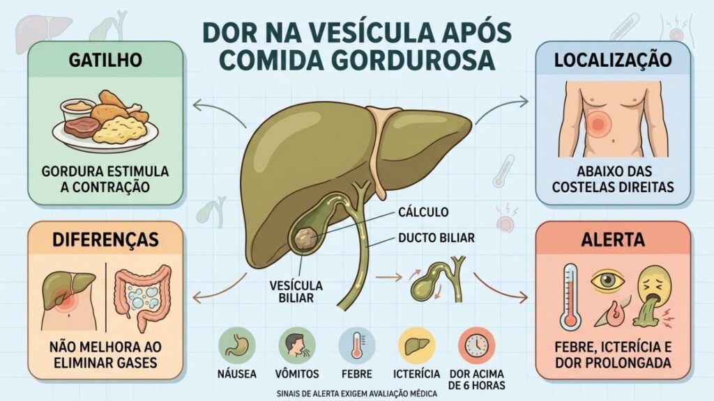 Infográfico mostra gatilhos, localização, diferenças e sinais de alerta da cólica biliar.