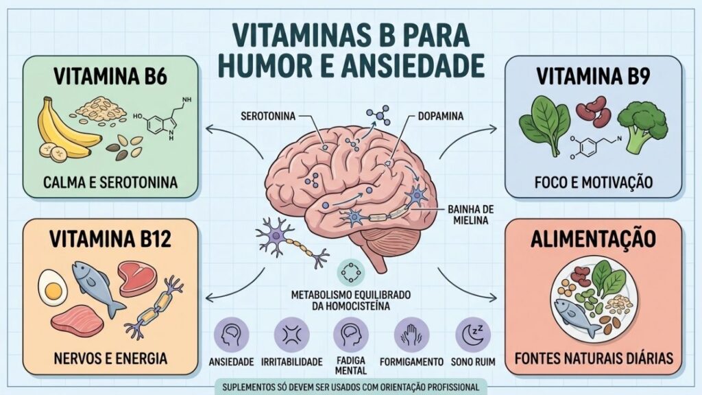 B6, B9, B12 e alimentação equilibrada sustentam funções ligadas ao bem-estar emocional.