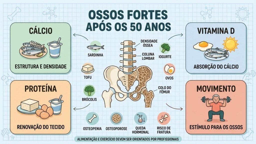 Cálcio, vitamina D, proteína e movimento sustentam a densidade óssea na maturidade.