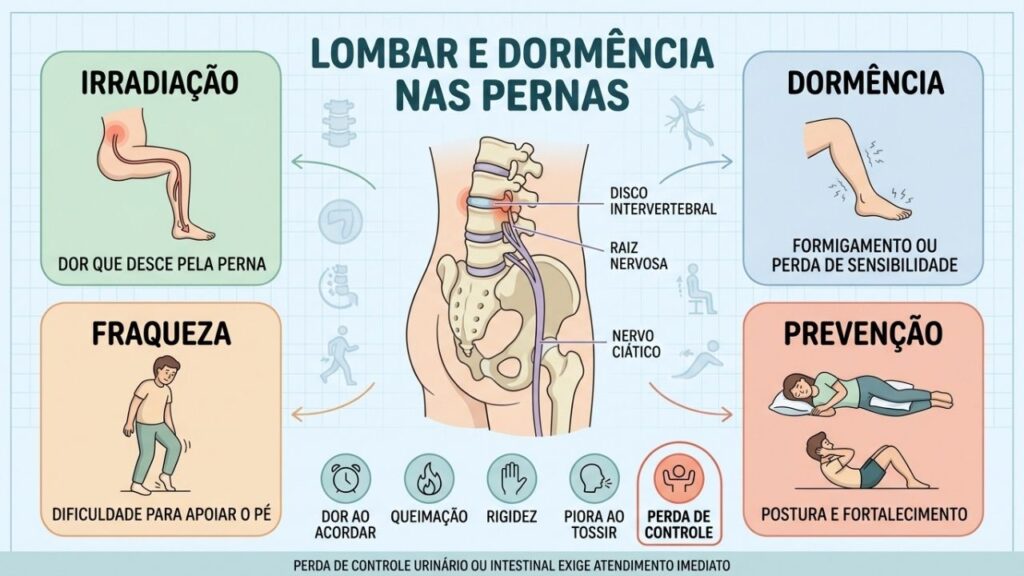 Formigamento, fraqueza e dor irradiada diferenciam sintomas neurológicos da lombalgia comum.