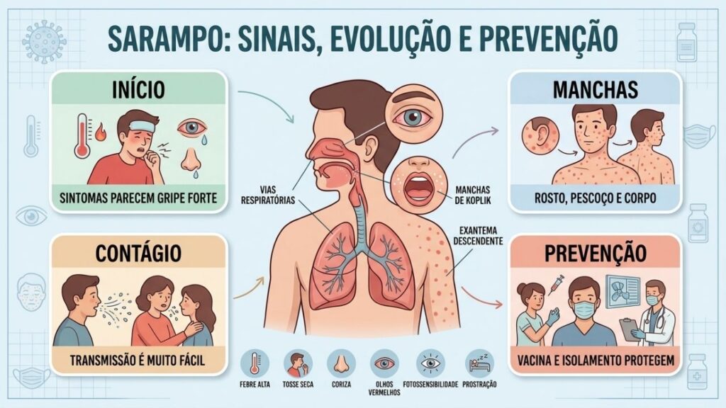 Início, manchas, contágio e prevenção resumem a evolução típica do sarampo.