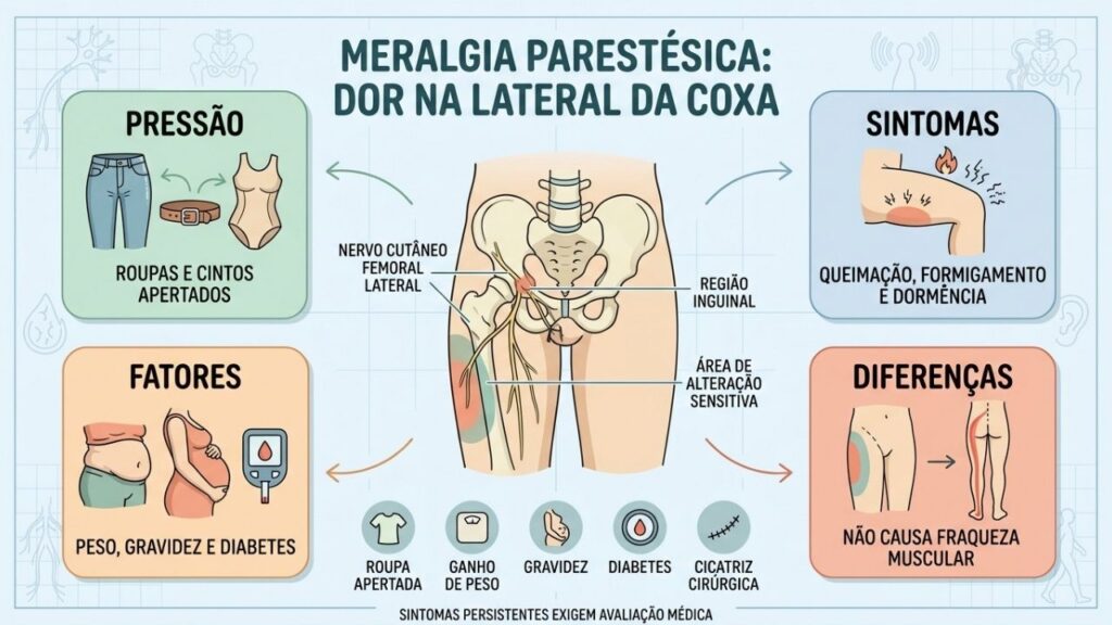 Infográfico resume sintomas, causas e diferenças entre meralgia parestésica e ciática.
