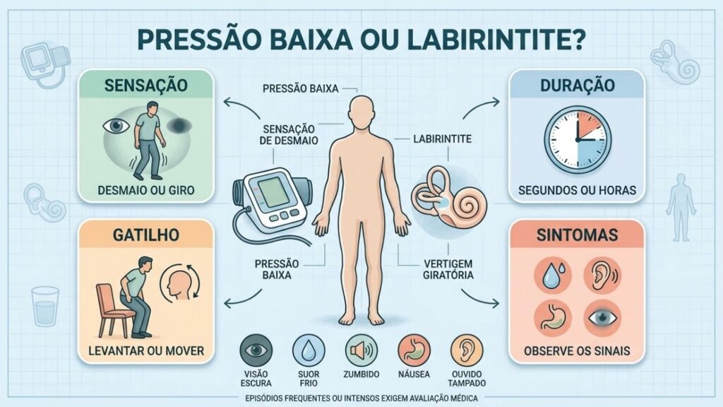 Sensação, duração, gatilhos e sintomas ajudam a diferenciar as duas tonturas.