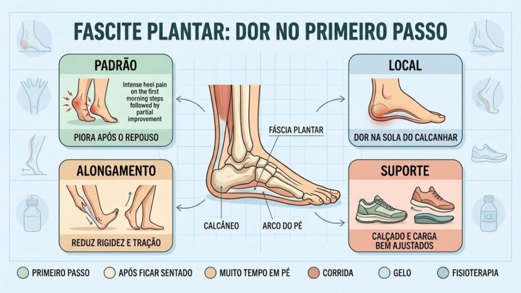 Padrão da dor, localização, alongamento e suporte orientam a fascite plantar.