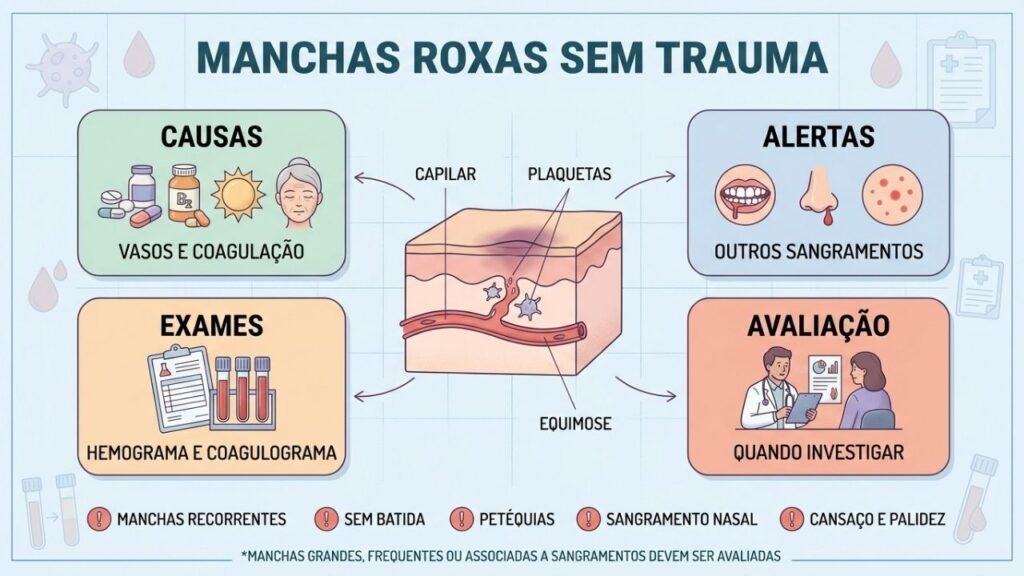 Causas, sinais de alerta e exames orientam a investigação das equimoses.