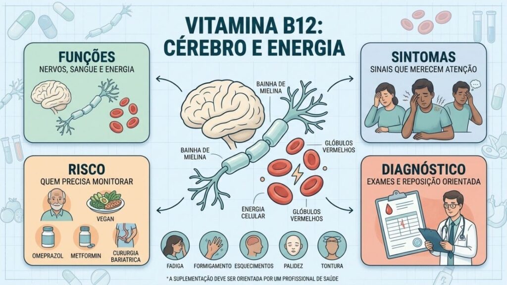 Funções, sintomas, grupos de risco e diagnóstico da deficiência de vitamina B12.