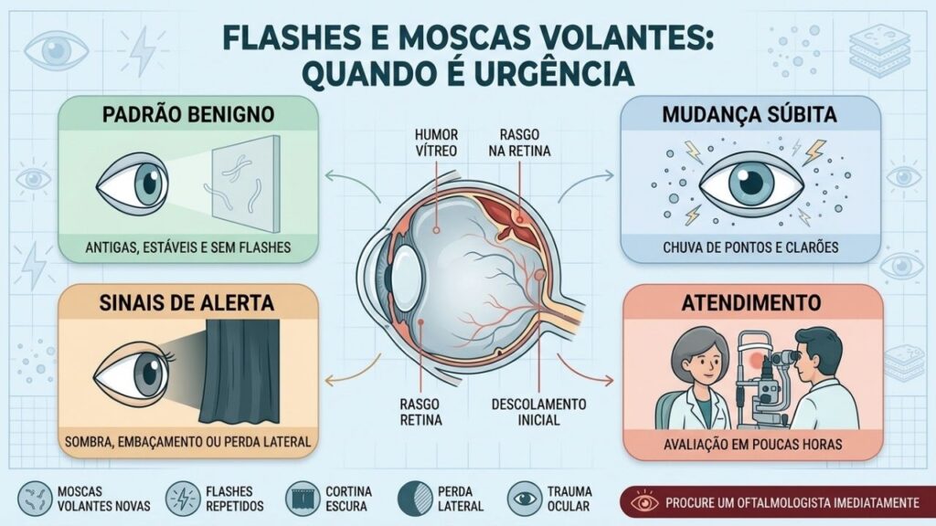 Estabilidade, mudança súbita, sinais de alerta e urgência orientam a avaliação da retina.