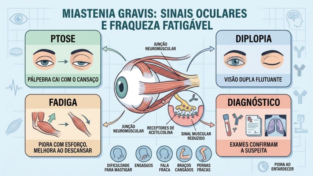Ptose, diplopia, fadiga e exames resumem os principais sinais da miastenia.