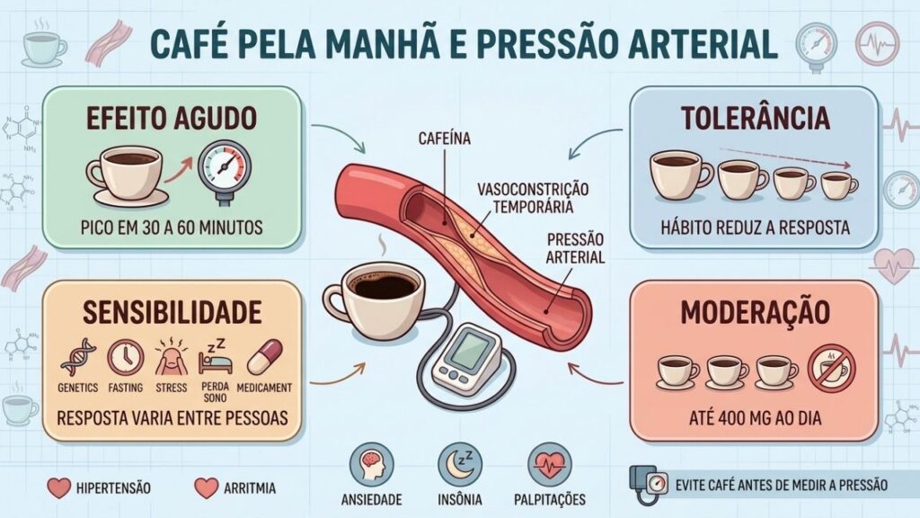 Efeito agudo, tolerância, sensibilidade e moderação explicam a resposta cardiovascular ao café.