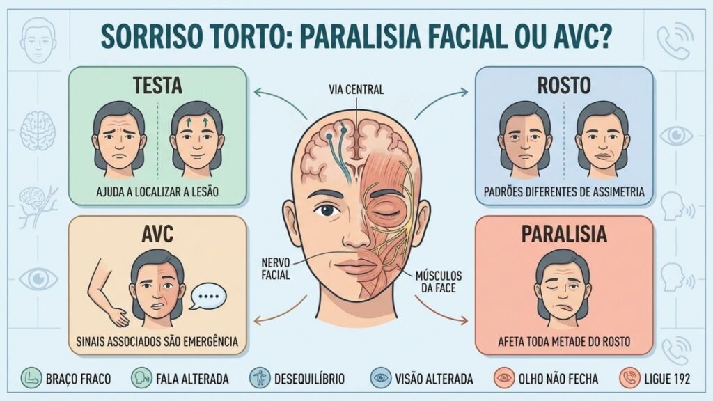 Testa, rosto, sinais neurológicos e urgência ajudam a diferenciar os quadros.