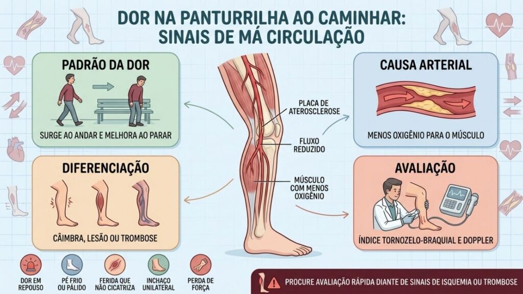Padrão da dor, circulação arterial e sinais de alerta orientam o diagnóstico.