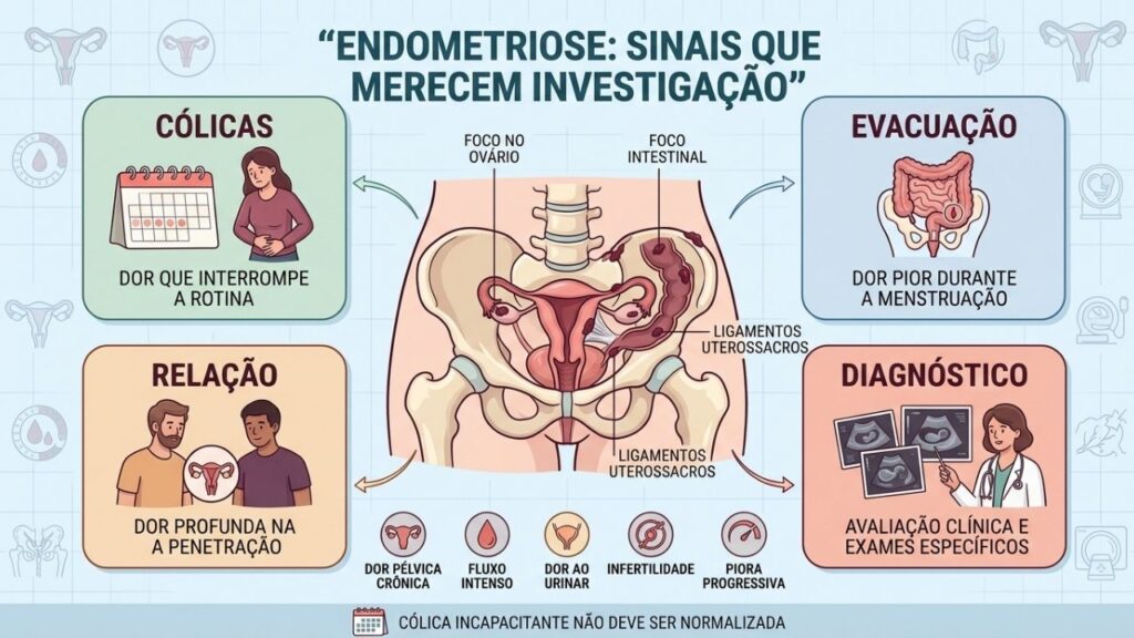 Cólicas, dor intestinal, dispareunia e exames orientam a investigação da endometriose.