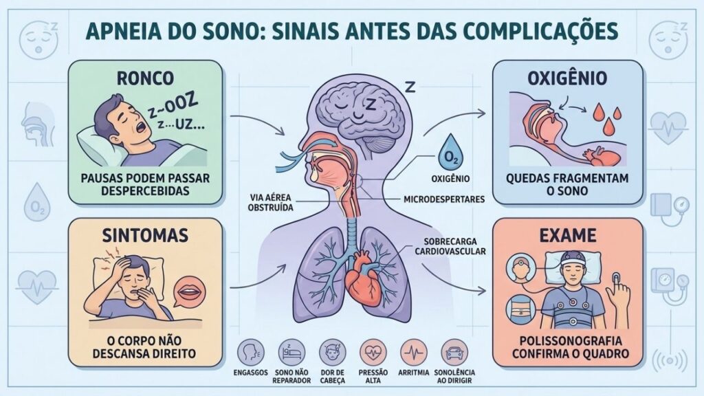 Ronco, oxigênio, sintomas e polissonografia orientam o diagnóstico precoce da apneia.