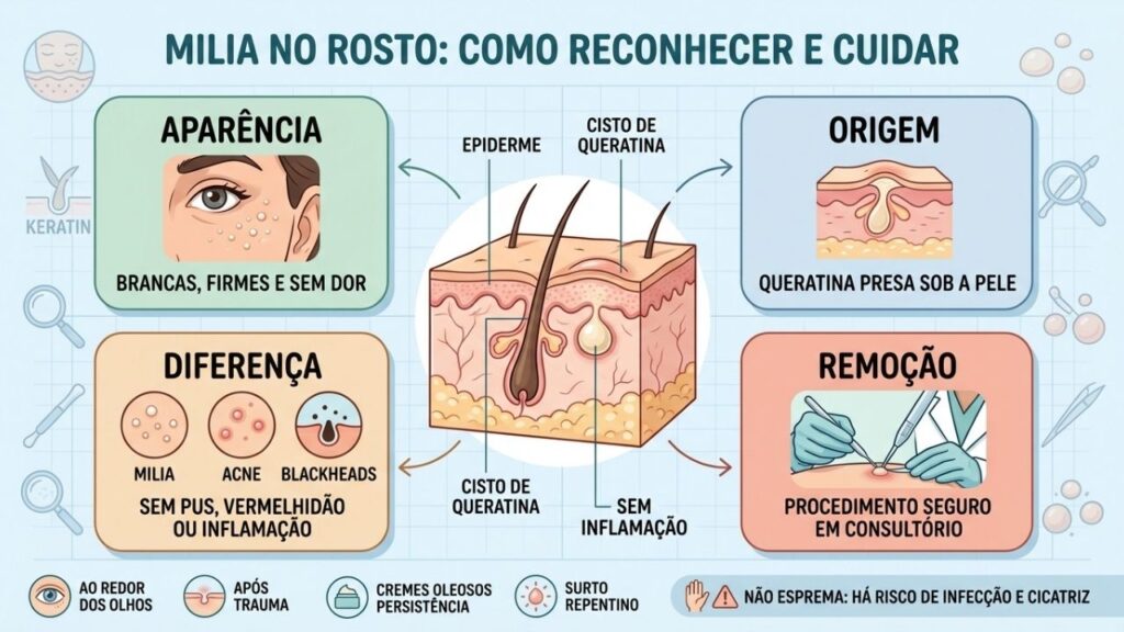 Aparência, origem, diferenças e remoção segura ajudam a identificar a milia.