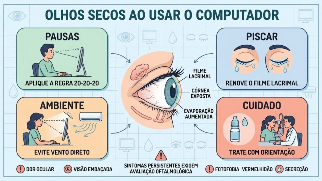 Pausas, piscadas, ambiente e cuidado ajudam a estabilizar o filme lacrimal.