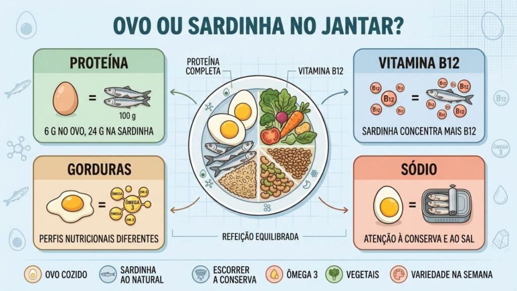 Proteína, vitamina B12, gorduras e sódio diferenciam ovo e sardinha.