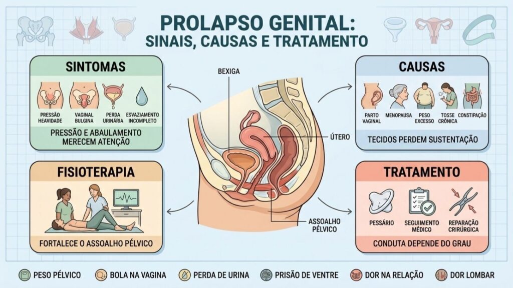 Sintomas, causas, fisioterapia e tratamento explicam o prolapso genital.