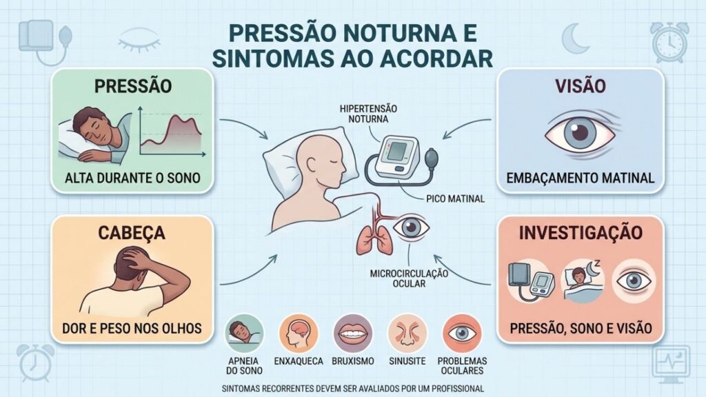Pressão noturna, visão, cefaleia e sono orientam a investigação dos sintomas.