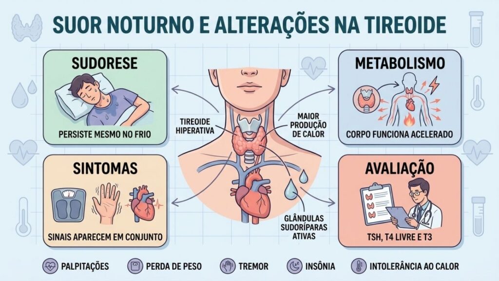 Sudorese, metabolismo acelerado, sintomas associados e exames orientam a investigação tireoidiana.