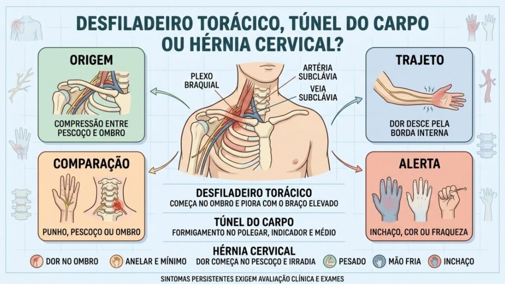 Origem, trajeto, dedos afetados e sinais vasculares diferenciam as três condições.