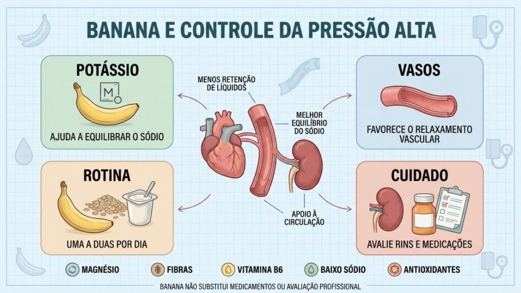 Potássio, vasos, rotina alimentar e cautela orientam o consumo de banana.