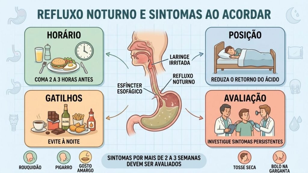 Horário, posição, gatilhos e avaliação ajudam a controlar o refluxo noturno.