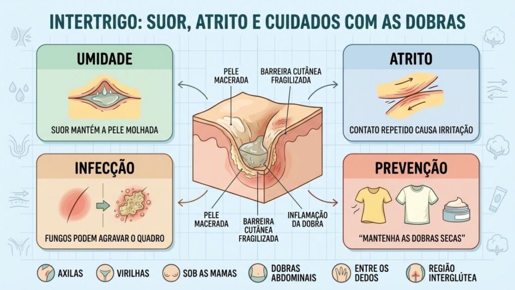 Umidade, atrito, infecção e prevenção explicam a recorrência do intertrigo.