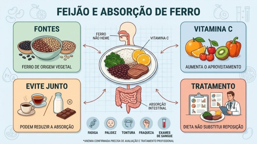 Fontes, vitamina C, inibidores e tratamento orientam a absorção do ferro.