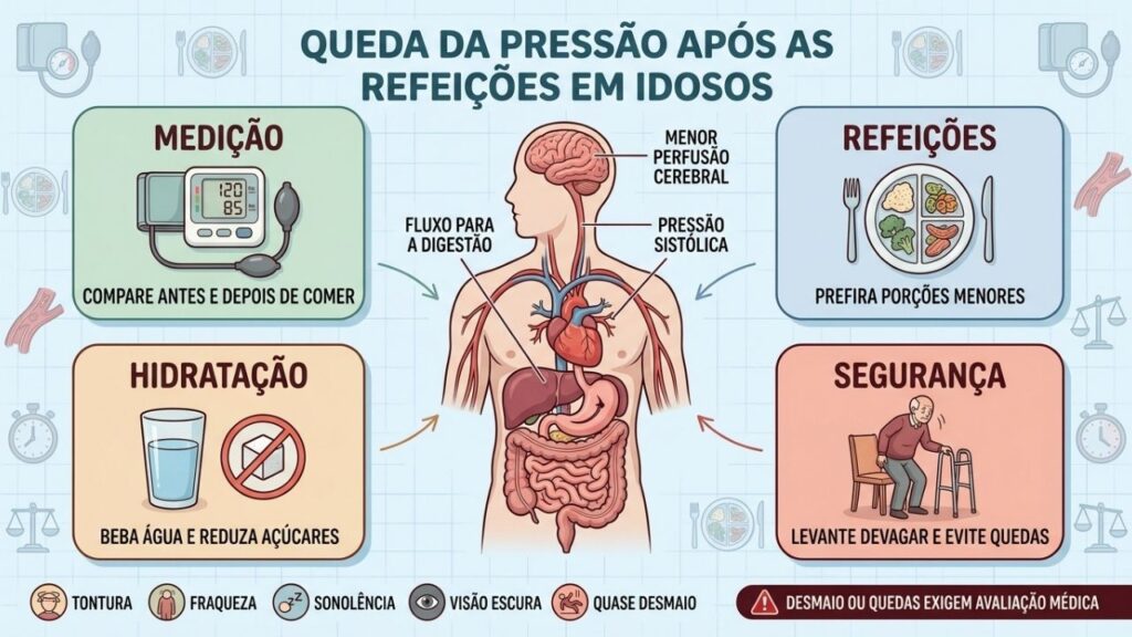Medição, refeições menores, hidratação e segurança ajudam a prevenir quedas pós-prandiais.