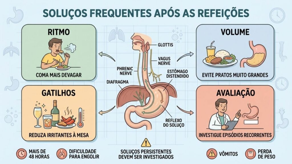 Ritmo, volume, gatilhos e avaliação ajudam a controlar soluços após comer.
