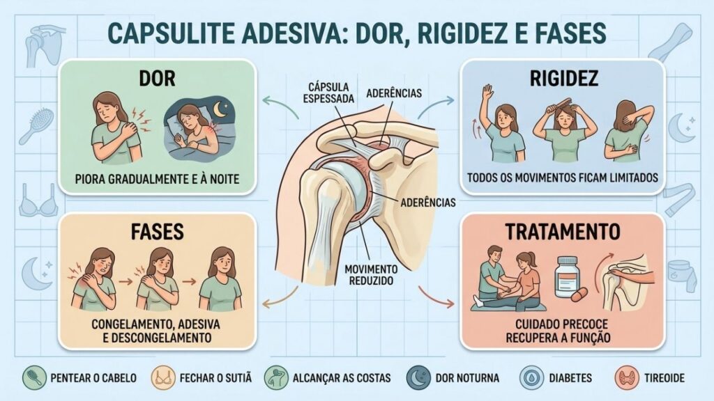 Dor, rigidez, fases e tratamento resumem a evolução do ombro congelado.