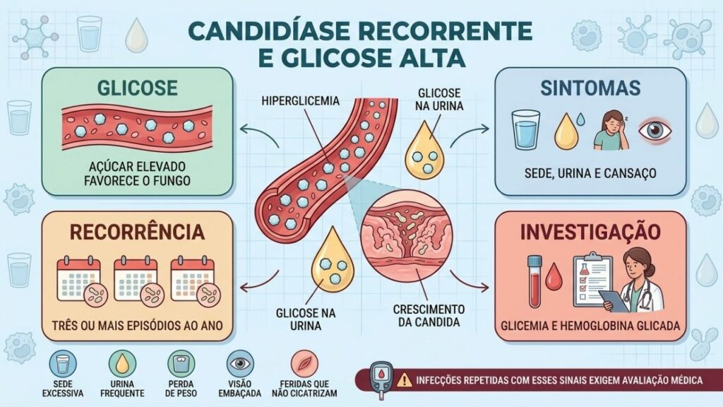 Glicose alta, sintomas associados, recorrência e exames orientam a investigação clínica.