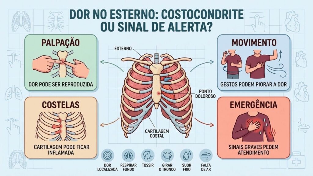 Palpação, movimento, cartilagens e sinais de emergência orientam a avaliação da dor.