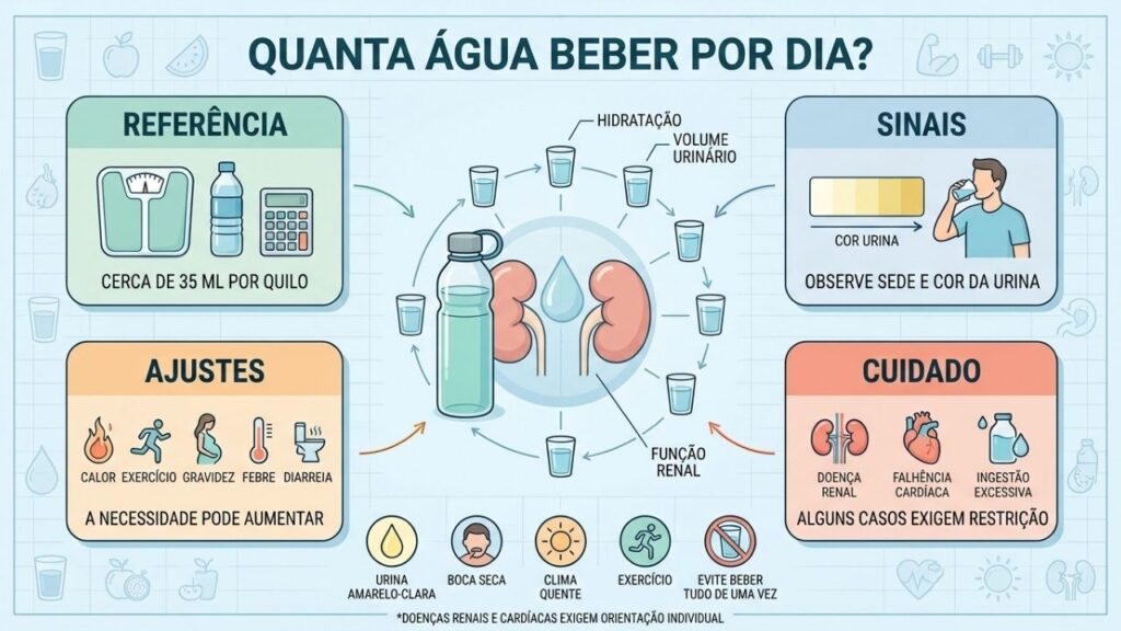 Referência, sinais, ajustes e cuidados orientam uma hidratação segura para os rins.