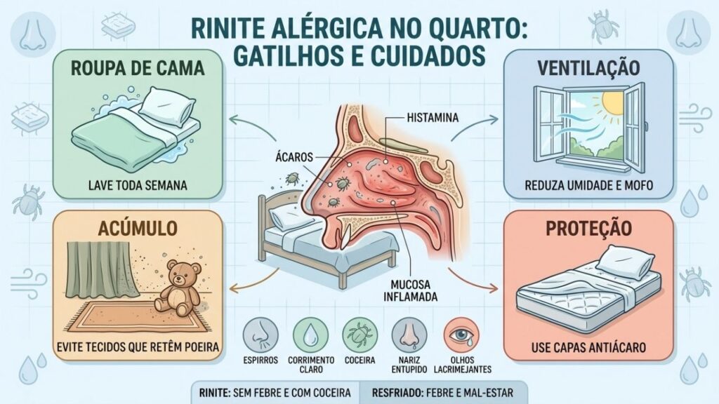 Roupa de cama, ventilação, menos poeira e capas reduzem ácaros no quarto.