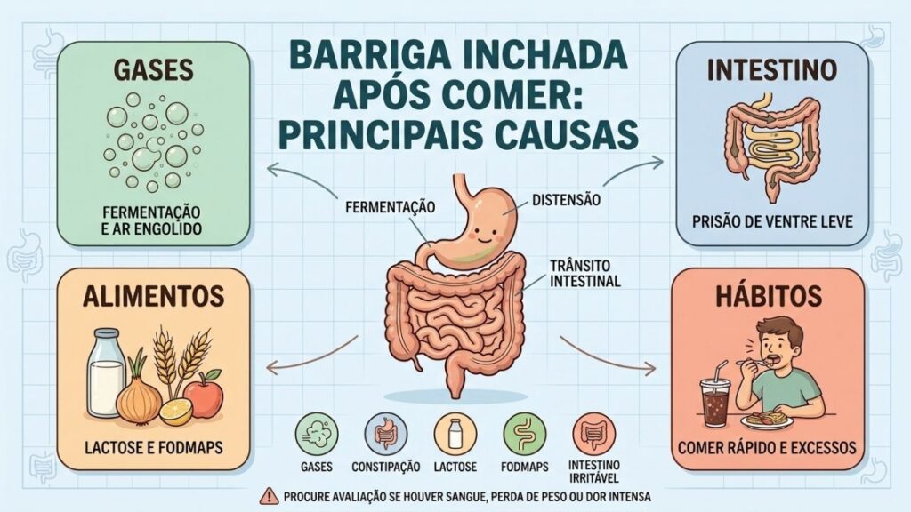 Gases, constipação, intolerâncias e hábitos alimentares explicam grande parte do inchaço pós-refeição.