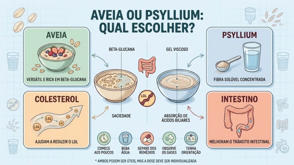 Concentração, colesterol, intestino e hidratação diferenciam aveia e psyllium.