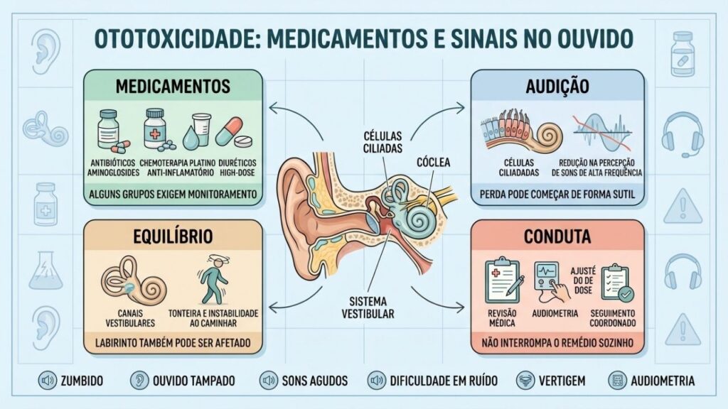 Medicamentos, audição, equilíbrio e acompanhamento resumem os riscos da ototoxicidade.