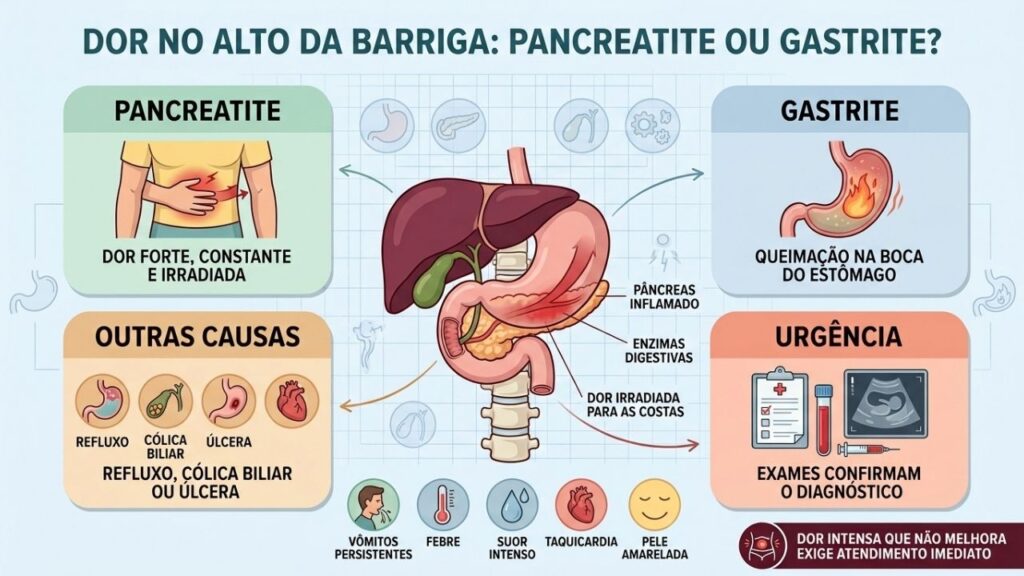Localização, irradiação, sintomas associados e exames diferenciam pancreatite de gastrite.