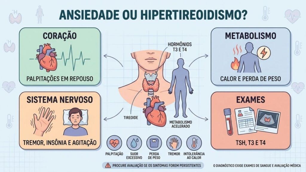 Palpitações, calor, tremores e exames hormonais ajudam a identificar o hipertireoidismo.