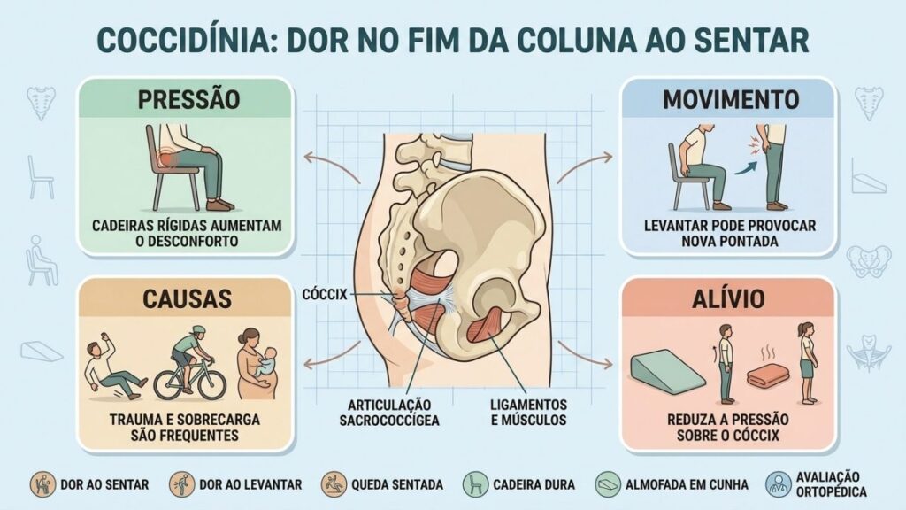 Pressão, movimento, causas e alívio explicam o padrão típico da coccidínia.