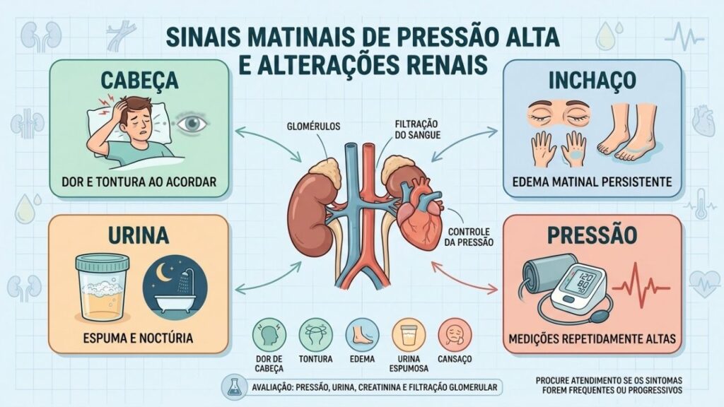 Dor, edema, urina espumosa e pressão elevada orientam a investigação renal.