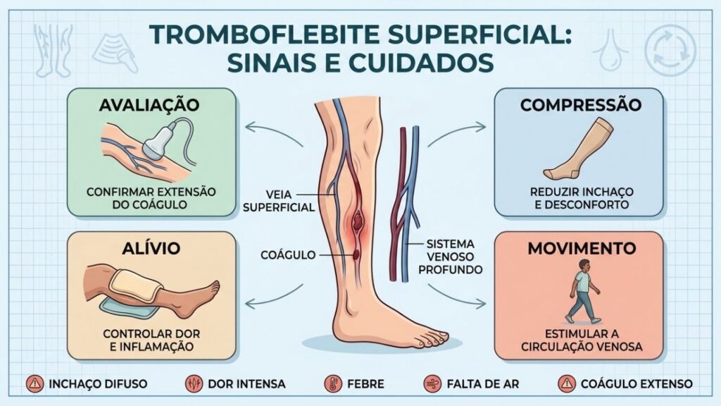 Avaliação, compressão, alívio e movimento orientam o cuidado da tromboflebite superficial.
