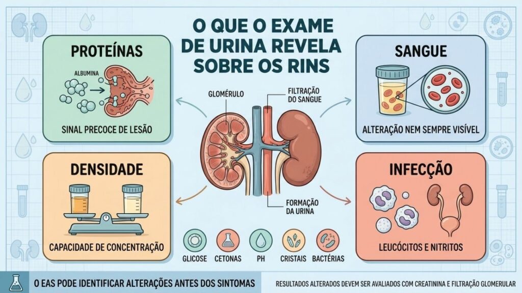 Proteínas, sangue, densidade e infecção ajudam a detectar alterações renais silenciosas.