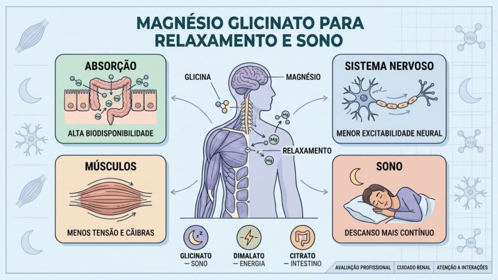 Absorção, sistema nervoso, músculos e sono resumem a ação do glicinato.