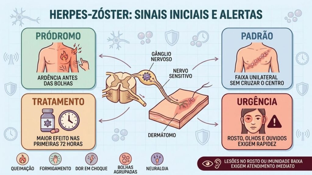 Pródromo, padrão unilateral, tratamento precoce e alertas ajudam a reconhecer o herpes-zóster.