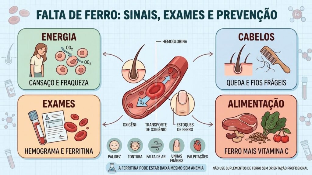 Sintomas, ferritina, alimentação e exames orientam a investigação da deficiência de ferro.