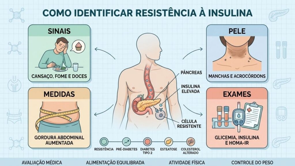 Sinais, pele, medidas e exames ajudam a identificar resistência à insulina.